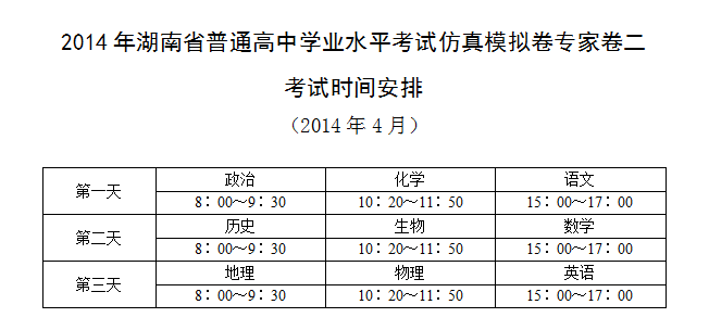 2014年湖南省普通高中學業水平考試仿真模擬卷專家卷二考試時間安排（2013.04月份）