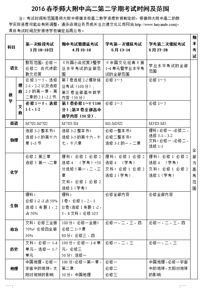 2016春季師大附中高二第二學(xué)期考試時(shí)間和范圍