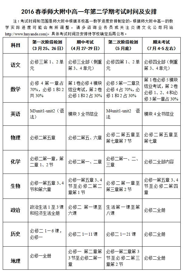 2016春季師大附中高一第二學(xué)期考試時(shí)間和安排
